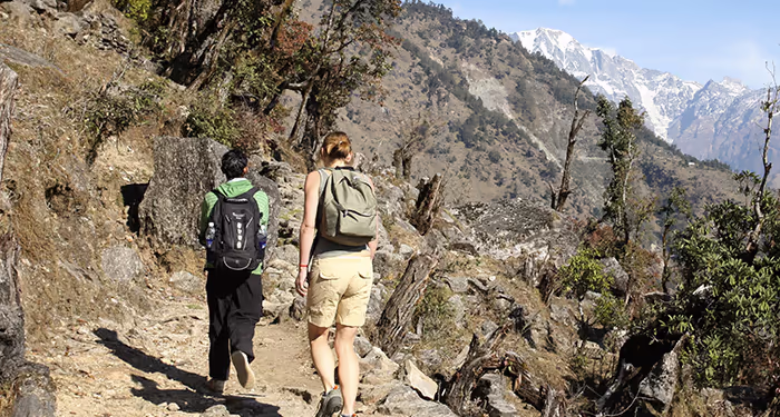 Two women trekking in India