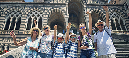 A family posing in Europe