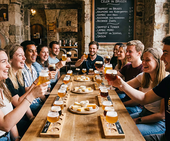 Group of young adults on a beer-tasting tour in Belgium